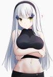  1girl ? arms_under_breasts bangs bare_arms bare_shoulders black_hairband black_pants black_shirt blush breast_lift breasts commentary eyebrows_visible_through_hair facial_mark girls_frontline green_eyes grey_background hairband highres hk416_(girls_frontline) keenh large_breasts long_hair midriff navel pants parted_lips shirt signature simple_background sleeveless sleeveless_shirt solo very_long_hair 