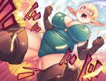  1girl absurdres blonde_hair blue_sky boots breasts clenched_hands elf elf-san_wa_yaserarenai. emphasis_lines erufuda-san food french_fries gofa highres leotard open_mouth plump pointy_ears sky solo spread_legs tears teeth thick_thighs thigh-highs thigh_boots thighs 