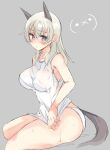  1girl abenattou animal_ears blue_eyes blush breasts closed_mouth commentary_request dog_ears dog_tail eila_ilmatar_juutilainen emoticon eyebrows_visible_through_hair frown large_breasts looking_at_viewer panties shirt shirt_tug silver_hair simple_background sitting solo strike_witches sweat tail tank_top thighs underwear underwear_only white_panties white_shirt world_witches_series 