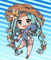  1girl blue_hair flower granblue_fantasy green_eyes hair_flower hair_ornament harvin hat highres long_hair lyria_(granblue_fantasy) motikin4ko shark sun_hat swimsuit twintails 