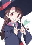  1girl bangs blunt_bangs blunt_ends bright_pupils brown_hair floating_hair from_side grin hands_up hat hat_belt hood hood_down index_finger_raised ixy kagari_atsuko little_witch_academia long_hair long_sleeves looking_at_viewer looking_to_the_side luna_nova_school_uniform parted_bangs red_eyes school_uniform simple_background smile solo upper_body white_background white_pupils wide_sleeves wing_collar witch_hat 