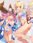  2girls :d animal_ear_fluff animal_ears bikini blonde_hair blue_bikini breasts earrings eyebrows_visible_through_hair fate/grand_order fate_(series) fox_ears fox_tail green_eyes grey_background hair_tucking hat highres innertube jewelry large_breasts looking_at_viewer multiple_girls navel nero_claudius_(fate)_(all) nero_claudius_(swimsuit_caster)_(fate) open_mouth pink_hair shirt side-tie_bikini smile straw_hat swimsuit tail tamamo_(fate)_(all) tamamo_no_mae_(fate) thigh_gap tousaki_umiko wet wet_clothes wet_shirt yellow_eyes 