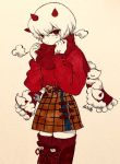  1girl bangs boots ghost horns long_sleeves looking_at_viewer mitsuno_(northeast_mountain) northeast_mountain oni_horns original red_eyes red_horns red_scarf red_sweater scarf short_hair skirt smoke solo sweater traditional_media white_hair wrench 