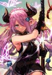  1girl belt black_gloves blue_eyes breasts bug butterfly demon_horns draph gloves granblue_fantasy hair_ornament hair_over_one_eye hairclip hankuri holding holding_sword holding_weapon horns insect katana large_breasts lavender_hair lens_flare long_hair low_tied_hair low_twintails narmaya_(granblue_fantasy) pointy_ears scabbard serious sheath sideboob sleeveless solo sword twintails unsheathing weapon 