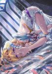  1girl absurdres angruoxin blonde_hair detached_sleeves diadem flower gauntlets granblue_fantasy hair_intakes hair_ornament highres huge_filesize jeanne_d&#039;arc_(granblue_fantasy) long_hair nightgown partially_submerged see-through shooting_star solo top-down_bottom-up violet_eyes white_flower window 