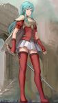  1girl absurdres blue_eyes blue_hair boots breastplate closed_mouth earrings eirika_(fire_emblem) elbow_gloves fingerless_gloves fire_emblem fire_emblem:_the_sacred_stones full_body gloves highres holding holding_sword holding_weapon jewelry long_hair miniskirt outdoors pleated_skirt red_footwear red_gloves red_shirt saber_(weapon) samohichi shirt short_sleeves shoulder_armor signature skirt solo spaulders standing straight_hair sword thigh-highs thigh_boots very_long_hair weapon white_skirt zettai_ryouiki 