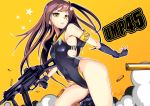  1girl armband artist_name asymmetrical_gloves background_text bare_legs bare_thighs black_gloves blue_swimsuit breasts brown_eyes brown_hair character_name commentary_request competition_swimsuit front_zipper_swimsuit girls_frontline gloves gradient gradient_background gun h&amp;k_ump45 hair_ornament looking_at_viewer meme_attire one-piece_swimsuit one_side_up ryuu_tou scar scar_across_eye shell_casing small_breasts solo submachine_gun swimsuit thighs ump45_(girls_frontline) weapon yellow_background zipper 