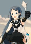  1girl :d bangs bare_shoulders black_footwear black_gloves black_legwear black_neckwear black_sailor_collar blue_eyes blue_hair blue_sky blush clouds day dress elbow_gloves eyebrows_visible_through_hair gloves highres holding kantai_collection kokudou_juunigou long_hair looking_at_viewer neckerchief open_mouth outdoors sailor_collar sailor_dress samidare_(kantai_collection) seashell shell sky sleeveless sleeveless_dress smile solo squatting thigh-highs very_long_hair white_dress 