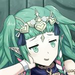  1girl bare_shoulders braid fire_emblem fire_emblem:_three_houses green_eyes green_hair hair_ornament hair_ribbon hand_on_head jewelry long_hair manakete open_mouth pointy_ears ribbon ribbon_braid side_braid smile smirk solo sothis_(fire_emblem) tiara twin_braids 