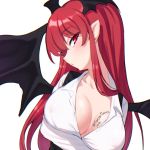  1girl bangs bat_wings black_vest black_wings blush breast_hold breast_tattoo breasts busujima_funya collared_shirt commentary crossed_arms demon_girl demon_wings eyebrows_visible_through_hair half-closed_eyes head_tilt head_wings koakuma large_breasts leaning_to_the_side long_hair long_sleeves looking_at_viewer low_wings red_eyes redhead shirt simple_background solo succubus tattoo touhou twitter_username upper_body vest white_background white_shirt wings 