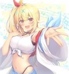  1girl bare_shoulders beamed_sixteenth_notes blonde_hair blush breasts commentary cowboy_shot crop_top eighth_note flat_sign hair_ornament hand_on_own_chest heterochromia highres hoshikawa_sara large_breasts long_hair looking_at_viewer music musical_note mutsuba_fumi navel nijisanji open_mouth outstretched_hand panty_straps quarter_note red_eyes sharp_sign shirt short_shorts shorts side_ponytail simple_background singing smile solo staff_(music) star treble_clef virtual_youtuber white_shirt x_hair_ornament yellow_eyes 