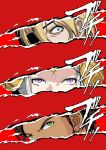  1girl 2boys blonde_hair blue_eyes brown_hair claude_von_riegan cut-in dark_skin dark_skinned_male dimitri_alexandre_blaiddyd earrings edelgard_von_hresvelg eyepatch fire_emblem fire_emblem:_three_houses green_eyes highres horns jewelry multiple_boys persona persona_5 persona_eyes shikipink short_hair violet_eyes 