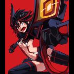  1girl black_hair breasts fangs grey_eyes highres holding holding_weapon kill_la_kill matoi_ryuuko multicolored_hair navel open_mouth redhead revealing_clothes scissor_blade senketsu short_hair simple_background solo streaked_hair suspenders thigh-highs two-tone_hair under_boob weapon window1228 