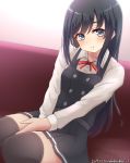  1girl artist_name asashio_(kantai_collection) bangs belt black_dress black_hair black_legwear blue_eyes buttons collared_shirt couch dated dress highres kantai_collection long_hair long_sleeves looking_at_viewer neck_ribbon nuka_(nvkka) pinafore_dress pleated_dress red_neckwear red_ribbon remodel_(kantai_collection) ribbon shirt sitting sleeveless sleeveless_dress smile solo thigh-highs twitter_username white_shirt 