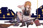  1girl apron bangs black_footwear black_headwear black_vest blonde_hair book boots bow braid broom hair_bow hand_on_own_head hat hat_bow highres houraisan_chouko kirisame_marisa one_eye_closed side_braid single_braid sitting touhou vest waist_apron witch_hat yellow_eyes 