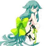  1girl bangs bare_arms bare_shoulders bikini black_bikini black_footwear blush bow breasts closed_eyes closed_mouth commentary_request copyright_request eyebrows_visible_through_hair green_bow green_hair green_ribbon hair_bow hair_flaps high_heels highres kokudou_juunigou leg_garter long_hair ribbon shadow shoes simple_background small_breasts solo squatting swimsuit translation_request very_long_hair white_background 