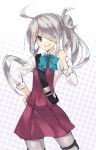  1girl ahoge aqua_neckwear asashimo_(kantai_collection) bangs blush bow bowtie clenched_hand dress eyebrows_visible_through_hair grey_eyes grey_hair grey_legwear grin hair_over_one_eye hand_on_hip kantai_collection long_hair polka_dot polka_dot_background purple_dress remodel_(kantai_collection) sasaki_mutsumi school_uniform shirt simple_background sleeves_rolled_up smile solo white_shirt 