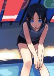  1girl black_hair blue_eyes highres looking_at_viewer mouth_hold original popsicle_stick short_hair short_shorts shorts sitting sleeveless solo window1228 
