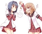  !? 2girls :d bangs blonde_hair blue_hair braid brown_eyes coin collarbone eyebrows_visible_through_hair fang furutani_himawari hair_intakes hair_ornament hairband hairclip hypnosis long_sleeves mind_control multiple_girls nanamori_school_uniform oomuro_sakurako open_mouth pontasu school_uniform serafuku short_over_long_sleeves short_sleeves simple_background smile string thighs thought_bubble translated twin_braids white_background worried yuru_yuri 