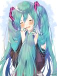  1girl :d ^_^ akane_yuki_(yukito0306) aqua_hair aqua_nails artist_name bangs bare_shoulders blush closed_eyes collared_shirt detached_sleeves dot_nose eyebrows_visible_through_hair flower_(symbol) grey_shirt hair_between_eyes hatsune_miku head_tilt highres holding holding_hair long_hair open_mouth round_teeth shirt sleeveless sleeveless_shirt smile solo tattoo teeth twintails upper_body very_long_hair vocaloid 