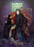  1boy barefoot black_hair black_nails chair fur_trim glasses highres holding holding_pipe holding_scroll indoors komiya_kuniharu long_hair male_focus peacock_feathers pipe pixiv_fantasia pixiv_fantasia_last_saga red_eyes scroll sitting smoke solo talisman 