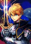  1boy arthur_pendragon_(fate) aura blonde_hair blue_eyes capelet excalibur fate/prototype fate_(series) gauntlets glowing glowing_sword glowing_weapon hair_between_eyes hankuri high_collar holding holding_sword holding_weapon male_focus short_hair solo space sword weapon 