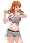  1girl adapted_costume alternate_costume bangs baseball_uniform belt black_belt blunt_bangs breasts clenched_hands commentary cowboy_shot eyebrows_visible_through_hair girls_und_panzer grey_shirt grey_shorts highres large_breasts long_hair looking_at_viewer midriff navel open_mouth orange_eyes orange_hair shirt short_shorts short_sleeves shorts simple_background smile solo sportswear standing striped striped_shirt takebe_saori tied_shirt vertical-striped_shirt vertical-striped_shorts vertical_stripes white_background yamano_rita 