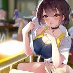  1girl azur_lane baltimore_(after-school_ace)_(azur_lane) baltimore_(azur_lane) bangs beige_sweater black_choker blurry blurry_background blush braid breasts brown_hair cardigan_around_waist choker clothes_around_waist collared_shirt commentary_request finger_to_mouth hair_between_eyes hato_haru large_breasts looking_at_viewer shirt short_hair short_sleeves shushing smile sweater_around_waist swimsuit swimsuit_under_clothes thighs tied_sweater white_shirt yellow_eyes 
