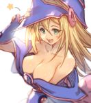  1girl absurdres bare_shoulders blonde_hair blush blush_stickers collarbone dark_magician_girl gougasha_akira green_eyes hair_between_eyes hat highres long_hair open_mouth simple_background smile solo star teeth tongue white_background yuu-gi-ou 