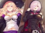  2girls :d ? bed_sheet belt black_coat blonde_hair blush collarbone dorothy_(shingeki_no_bahamut) from_above from_below fur_coat hair_over_one_eye hooded_coat jewelry long_hair long_sleeves looking_at_viewer lying midriff multiple_girls necklace on_back open_mouth pillow pov red_eyes shadowverse shirt short_hair shoulder_cutout silver_hair smile split_screen standing stomach white_shirt wizardess_of_oz yamato_(muchuu_paradigm) 