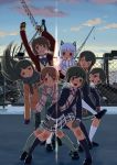  6+girls alternate_costume bangs black_footwear black_hair black_legwear blazer blunt_bangs blush bow bowtie braid breath brown_hair cat_ear_headphones closed_eyes clouds dancing fubuki_(kantai_collection) gloves green_legwear hair_ribbon hatsuyuki_(kantai_collection) headphones isonami_(kantai_collection) jacket kaku_choushi kantai_collection kneehighs long_hair long_sleeves mittens miyuki_(kantai_collection) multiple_girls murakumo_(kantai_collection) open_mouth outdoors plaid plaid_scarf plaid_skirt pleated_skirt ribbon scarf shirayuki_(kantai_collection) short_hair silver_hair skirt sky smile sun tress_ribbon uranami_(kantai_collection) white_legwear 