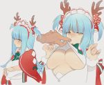  1girl alternate_costume antlers aqua_hair azur_lane blue_hair blush breast_hold breasts capelet christmas covered_nipples disembodied_limb fake_antlers grey_background large_breasts long_hair maid_headdress mistletoe multiple_views neptune_(azur_lane) neptune_(princess_of_the_reindeers)_(azur_lane) orange_eyes red_capelet shirt_lift short_twintails simple_background sketch twintails under_boob upper_body uyuyuun 