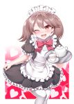  1girl alternate_costume apron black_dress blush brown_eyes brown_hair cup dress enmaided fang frilled_apron frilled_dress frilled_sleeves frills heart heart_background highres kantai_collection kirigakure_(kirigakure_tantei_jimusho) maid maid_headdress neck_ribbon one_eye_closed open_mouth outline pleated_dress puffy_short_sleeves puffy_sleeves ribbon ryuujou_(kantai_collection) saucer short_sleeves skirt_hold smile solo teacup teapot thigh-highs tray 