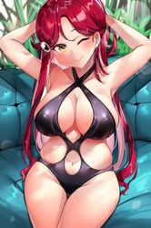  1girl ;) armpits arms_behind_head arms_up bangs black_swimsuit blush breasts collarbone couch criss-cross_halter curvy groin hair_ornament halterneck head_tilt highres large_breasts long_hair looking_at_viewer love_live! love_live!_sunshine!! navel navel_cutout one_eye_closed redhead sakurauchi_riko sitting skindentation smile solo swimsuit tem10 thighs wet yellow_eyes 