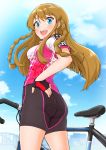  1girl :d ass bangs bicycle bike_jersey bike_shorts black_gloves black_shorts blue_eyes blue_sky braid breasts brown_hair clouds cowboy_shot day eyebrows_visible_through_hair fingerless_gloves from_below from_side gloves ground_vehicle hand_on_hip highres idolmaster idolmaster_million_live! kousaka_umi light_blush long_hair looking_at_viewer looking_to_the_side medium_breasts open_mouth outdoors short_sleeves shorts sidelocks sky skyline smile solo standing takuji_yuusaku twin_braids upper_teeth v-shaped_eyebrows 