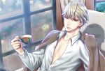  1boy blonde_hair chair cup day hand_up indoors jacket kujo_souma looking_at_viewer male_focus rain shirt sitting solo stand_my_heroes tea teacup tomori_tenko unbuttoned unbuttoned_shirt white_shirt window 