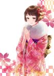  1girl absurdres blush brown_eyes brown_hair floral_print flower fur_scarf hair_flower hair_ornament hair_up hands_together highres japanese_clothes kimono new_year obi original pink_kimono ponzunabe_001 sash short_hair simple_background smile standing wide_sleeves 