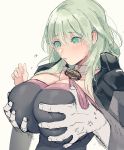  1girl breast_grab breasts byleth_(fire_emblem) byleth_eisner_(female) closed_mouth fire_emblem fire_emblem:_three_houses grabbing grabbing_from_behind green_eyes green_hair groping highres large_breasts medium_hair nemu_(nora) simple_background solo_focus upper_body white_background 