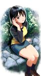  1girl adjusting_hair black_hair bob_cut brown_eyes commentary denim denim_skirt eyebrows_visible_through_hair full_body hair_between_eyes highres long_sleeves looking_at_viewer nakahara_misaki nashigaya_koyomi nhk_ni_youkoso! open_mouth outdoors raglan_sleeves shoes short_hair sitting sitting_on_wall skirt socks solo stone_wall wall 