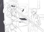  2boys eyepatch grandfather_and_grandson guilty_gear guilty_gear_2 highres instrument kitchen kuangren_k lineart male_focus meme multiple_boys music oven playing_instrument shorts sin_kiske sol_badguy spiky_hair stuffed_toy sunglasses trombone when_mama_isn&#039;t_home 