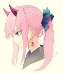  1girl alternate_hairstyle bangs blue_eyes collar crescent crescent_earrings darling_in_the_franxx earrings eyebrows_visible_through_hair eyelashes eyeliner from_side hair_tie horns jewelry kooemong makeup oni_horns pink_hair ponytail portrait red_horns shiny shiny_hair sidelocks simple_background solo tan_background zero_two_(darling_in_the_franxx) 