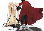  1girl bangs bare_shoulders bent_over black_legwear black_ribbon blonde_hair breasts dress elbow_gloves eyebrows_visible_through_hair fang feather_trim feathers gloves hair_ribbon high_heels holding holding_sword holding_weapon kiss-shot_acerola-orion_heart-under-blade kizumonogatari large_breasts lips long_hair monogatari_(series) nello_(luminous_darkness) pantyhose parted_lips ribbon shadow simple_background solo standing strapless strapless_dress sword vampire very_long_hair weapon white_background white_footwear white_gloves yellow_eyes 