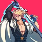  1boy abs blue_gloves coat cutting_hair gloves guilty_gear guilty_gear_strive highres holding holding_sword holding_weapon kuangren_k ky_kiske male_focus manly muscle overcoat partly_fingerless_gloves pectorals plunging_neckline short_hair skin_tight solo sword uniform weapon 