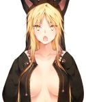  1girl :o animal_hood bangs blonde_hair breasts cat_hood drawstring fangs genderswap genderswap_(mtf) hood hood_up izumi_kouhei large_breasts long_hair long_sleeves looking_at_viewer open_clothes open_mouth pepper_fever simple_background sleeves_past_wrists solo unzipped upper_body white_background world_trigger yellow_eyes 