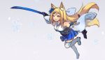  1girl animal_ear_fluff animal_ears bangs bare_shoulders blonde_hair blue_flower blue_skirt blue_sleeves boots breasts commentary detached_sleeves eyebrows_visible_through_hair flower fox_ears fox_girl fox_tail glowing glowing_weapon hair_flower hair_ornament hairclip highres holding holding_sheath holding_sword holding_weapon japanese_clothes katana kimono long_hair long_sleeves medium_breasts miya_(pixiv15283026) obi original outstretched_arm parted_lips pleated_skirt sash sheath skirt sleeveless sleeveless_kimono sleeves_past_wrists snowflake_print snowflakes solo standing standing_on_one_leg sword tail thigh-highs thigh_boots v-shaped_eyebrows very_long_hair weapon white_footwear white_kimono white_legwear wide_sleeves 
