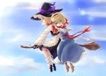  2girls alice_margatroid apron black_dress black_gloves black_vest blonde_hair blue_dress blue_eyes blush boots braid broom broom_riding capelet commentary_request day dress flying full_body gloves hair_ribbon hairband hand_on_another&#039;s_shoulder hat hat_ribbon highres kirisame_marisa leaning_on_person lolita_hairband long_hair long_sleeves medium_hair multiple_girls open_mouth purple_ribbon red_scarf ribbon scarf single_braid smile snow sparkle touhou vest waist_apron white_apron white_capelet winter witch witch_hat yellow_eyes 