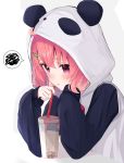  1girl absurdres animal_costume animal_ears bangs blush bubble_tea commentary_request eyebrows_visible_through_hair fake_animal_ears hair_ornament hairclip highres holding_drinking_straw hood hood_up keichan_(user_afpk7473) nijisanji panda_costume pink_hair sasaki_saku simple_background solo virtual_youtuber white_background 