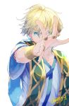  1boy absurdres blonde_hair bracelet earrings fate/grand_order fate_(series) green_eyes highres jason_(fate/grand_order) jewelry male_focus reaching_out ring signature white_background 