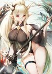  1girl arknights bangs bare_shoulders breasts eyebrows_visible_through_hair hair_between_eyes highres holding horns jewelry kyuri_tizu large_breasts long_hair looking_at_viewer parted_lips pointy_ears ponytail red_eyes shining_(arknights) sidelocks solo thigh_strap thighs very_long_hair white_hair 