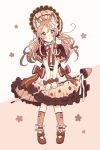  1girl ahoge animal animal_ear_fluff animal_ears animal_on_shoulder bangs black_capelet blush bow brown_background brown_eyes brown_hair brown_legwear capelet cat cat_ears commentary_request dress eyebrows_visible_through_hair flower food_print frilled_dress frills full_body hair_between_eyes hair_flower hair_ornament head_tilt highres holding long_hair looking_at_viewer neck_ribbon original parted_lips personification print_dress red_bow red_footwear red_ribbon ribbon sakura_oriko shoes socks solo standing strawberry_print striped striped_legwear two-tone_background vertical-striped_legwear vertical_stripes white_background white_dress white_flower white_ribbon 